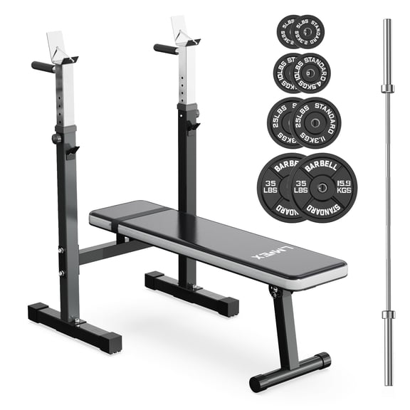 Lmdex Adjustable Weight Bench Press with Squat Rack & Folding Dip Station, Complete Home Gym Set with 150lbs Weight Plates and Olympic Curl Bar for Full Body Strength Training (Grey