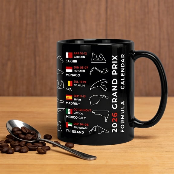 LmnLft 2026 Season Racing Calendar Coffee Mug,Black Ceramic Coffee Cup Featuring Grand Prix Circuit Layouts & Dates-Includes New Madrid Track,11Oz Schedule of Car Racing Fan Gifts