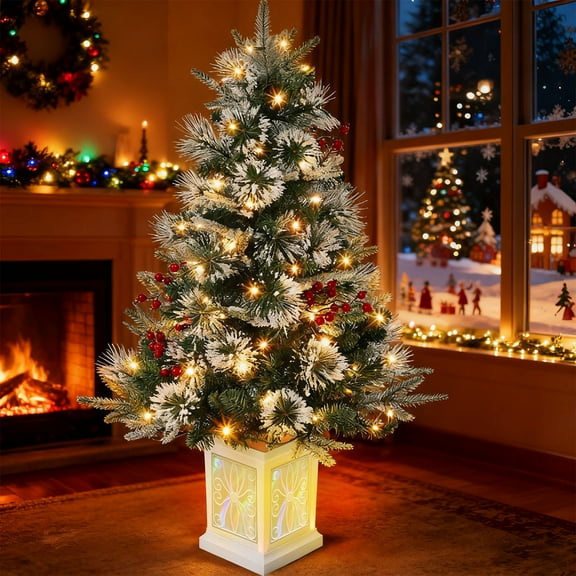 LmnLft 3 Ft Pre-Lit Christmas Tree,Artificial Christmas Trees with Lighting,Artificial Christmas Tree with Snowflake Base,Battery Operated,Timer,Easy Assembly,Christmas Winter Holiday Decor,for Home