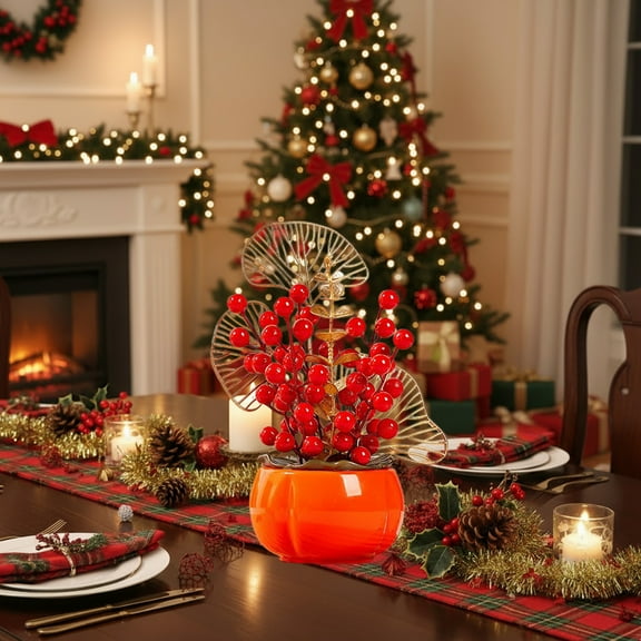 LmnLft Artificial Berry and Persimmon Branch Ornament, 30CM Christmas and Spring Festival Tabletop Decor, Red Berries with Gold Branches for Home, Desk, or Holiday Scene Display