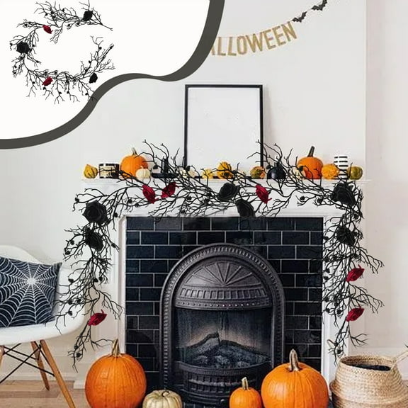LmnLft Artificial Halloween Willow Vine, Black Twig Garland with Roses for Fireplace Mantle Hanging Decor