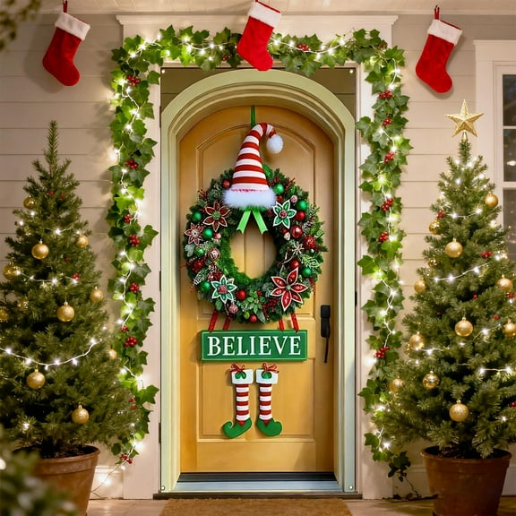 LmnLft Christmas Door Cover Banner, 35x71 Inch Elf Wreath Front Door Decoration, Indoor Outdoor Winter Holiday Party Backdrop