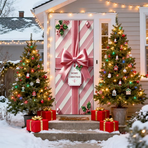 LmnLft Christmas Door Cover, Pink Bow Door Cover, Winter Door Decorations for Front Door, Holiday Party Backdrop Hanging Ornaments