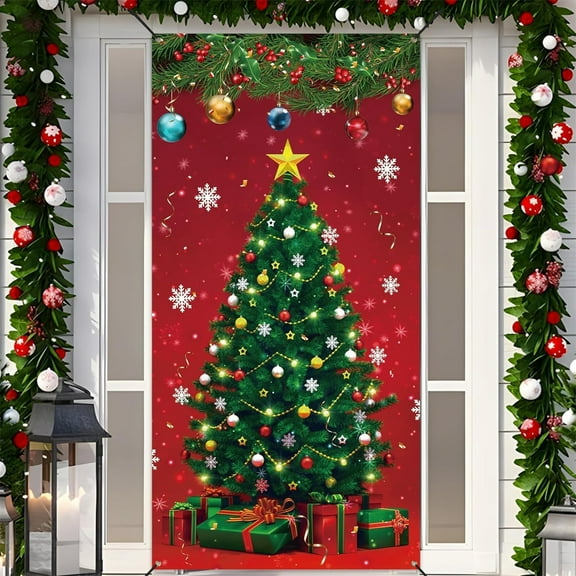 LmnLft Christmas Door Curtain Decoration Banner, Front Door Xmas Tree Cover, Merry Christmas Indoor Outdoor Winter Holiday Party Backdrop