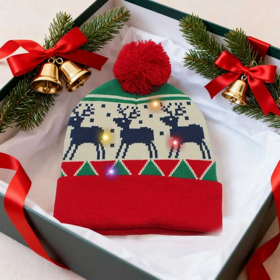 LmnLft Christmas Knitted Santa Hats, Light Up Elf Cap with Festive Pom Pom, Holiday Themed Beanies for Parties and Gift Exchanges