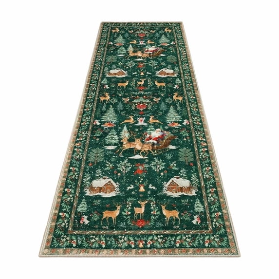 LmnLft Christmas Runner Rug, Non-Slip Hallway and Kitchen Floor Decor, Holiday Low Pile Santa Claus and Elk Pattern Carpet