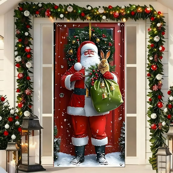 LmnLft Christmas Santa Claus Door Curtain, Holiday Front Door Decoration, Party Hanging Banner for Seasonal Home Decor