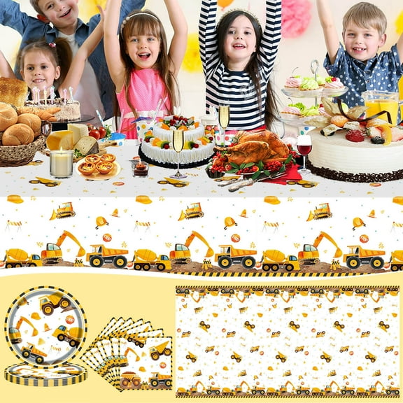LmnLft Construction Truck Party Supplies - Kids Birthday Plastic Tablecloth Set with Engineering Car Design, Disposable Partyware Kit
