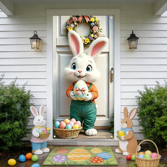 LmnLft Easter Door Cover,71 x 36 Inch Cute Easter Bunny Door Cover Easter Party Supplies Easter Party Door Cover,Large Front Door Wall Backdrop for Spring Party Decorations and Photo Booth Props