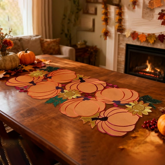 LmnLft Embroidered Pumpkin Table Runner, Hollow Cut Thanksgiving & Fall Table Mat, 16.93 or 33.46 Inch Seasonal Centerpiece