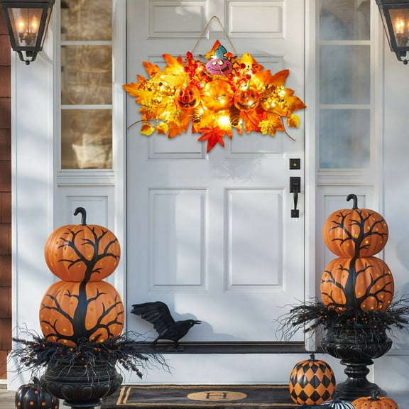 LmnLft Fall Maple Leaf Swag with Lights, 17x10 Inch Lighted Pumpkin Teardrop Swag with Berries and Flowers for Front Door