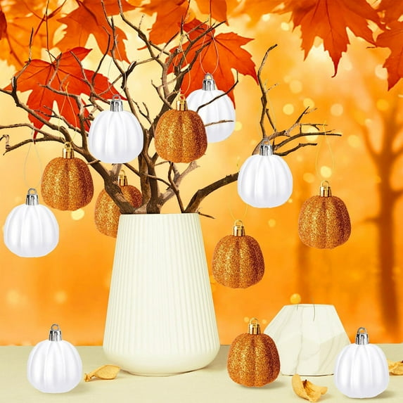 LmnLft Gold and White Mini Pumpkin Ornaments for Halloween Thanksgiving Christmas Decor, 2 Inch Decorative Hanging Pumpkins for Home Party Displays