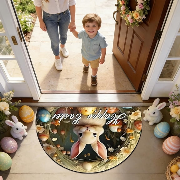 LmnLft Half Round Door Flower Bunny Flower Egg Mat,Indoor Entrance Washable Half Circle Area Rugs Non Slip Half Moon Rug Semi Circle Bathroom Rugs,Floor Carpet Aesthetic Comic Decor