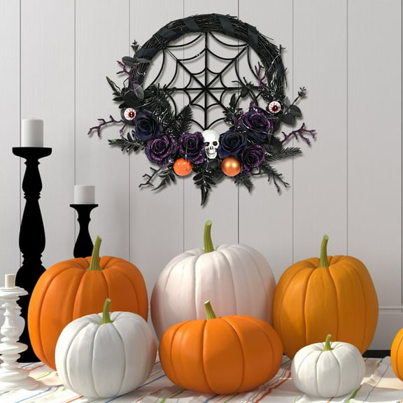 LmnLft Halloween Door Wreath 24 Inch, LED Light Up Skeleton with Skull and Roses for Porch Displays