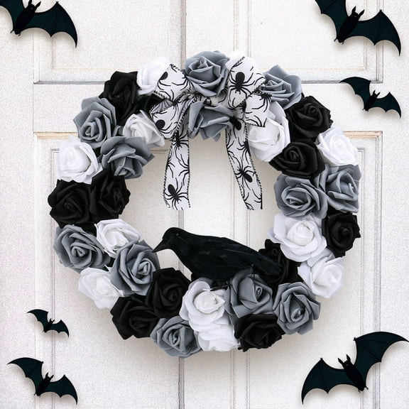 LmnLft Halloween Wreath 20 Inch, Gothic Rose and Crow Design for Door and Table Displays