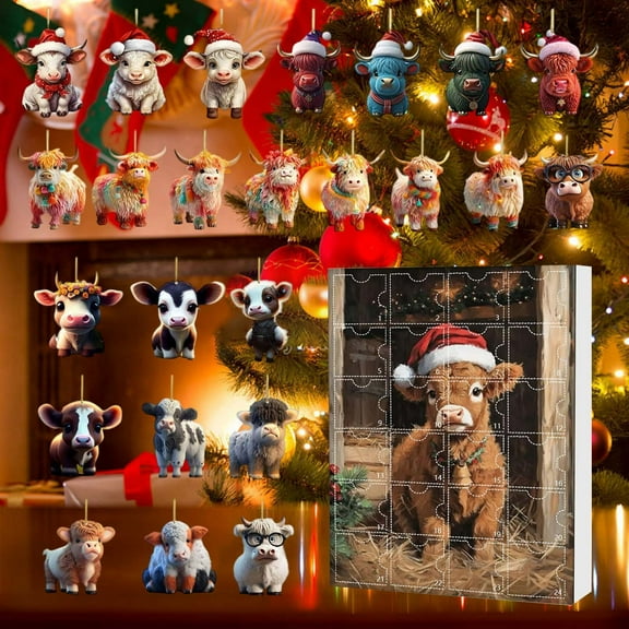 LmnLft Highland Cow Advent Calendar 2025, Christmas Advent Calendar with 24 Days Surprises, Cartoon Cow Decorative Ornament, Holiday Gift for Kids and Adults