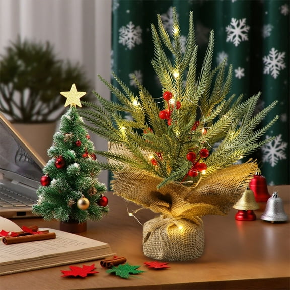 LmnLft Lighted Mini Tabletop Christmas Tree, Pre-Decorated Artificial Pine Tree with Red Berries and Burlap Base, HOLIDAY Office Fireplace Desk Decoration