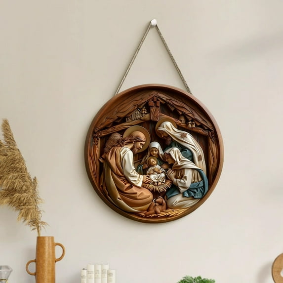 LmnLft Nativity Scene Religious Round Hanging Plaque, Wooden Christmas Ornament for Home Wall, Christian Holiday Decoration for Living Room or Bedroom Display