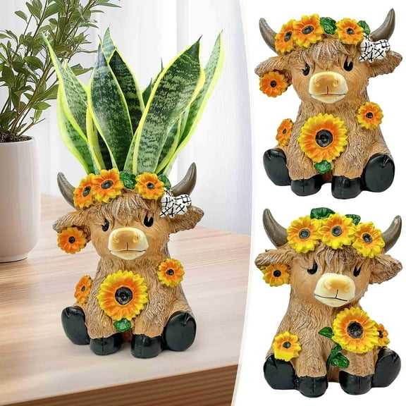 LmnLft Resin Cow Figurine with Sunflower Pot - Spring Summer Home Garden Decor, Calf Lover Gift for Kitchen Office Desk