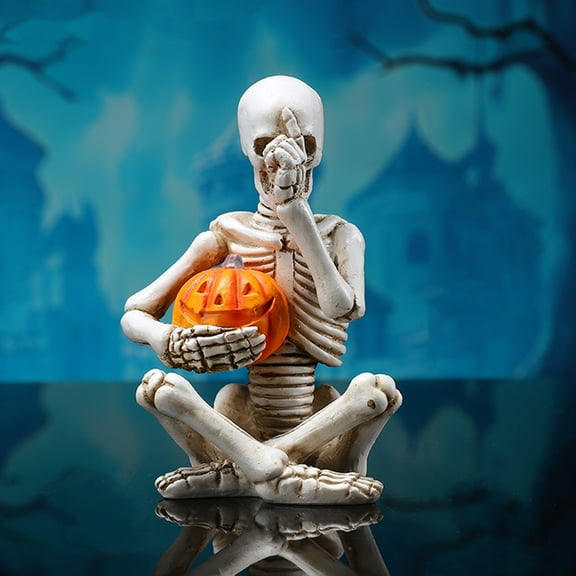 LmnLft Resin Skeleton Holding Pumpkin Statue, Halloween Desktop Figurine and Shelf Ornament for Spooky Home Office Decoration Displays