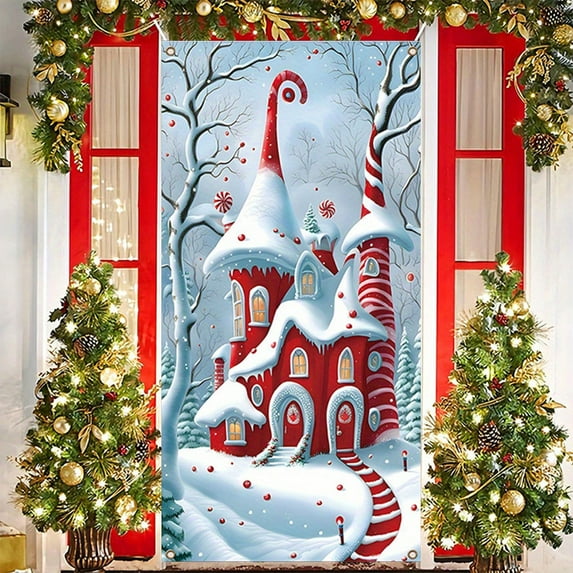 LmnLft Santa Claus Door Banner, Christmas Entrance Cover with Snowflake Pattern, Winter HOLIDAY Door Flag, Outdoor Photo Backdrop for Party Decoration