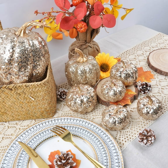 LmnLft Sequin Pumpkin Halloween Decorations with Artificial Fake Faux Plastic Pumpkins Set, Sparkling Fall Harvest Decor for Table Centerpieces and Seasonal Displays