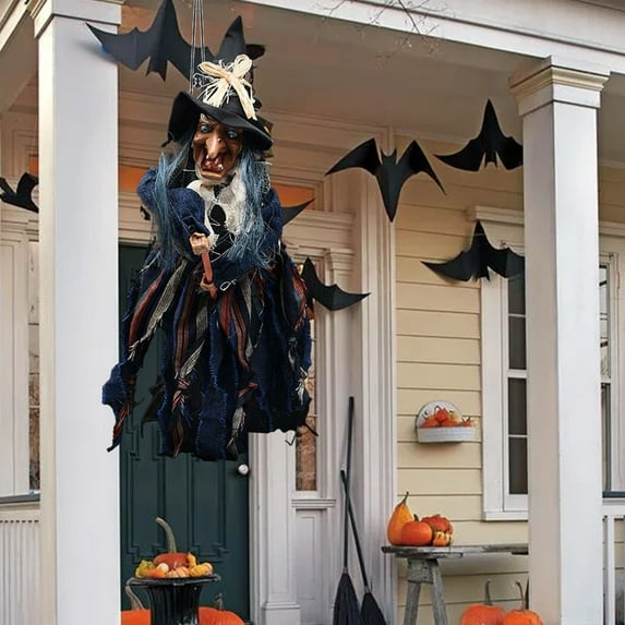 LmnLft Touch Activated Screaming Witch Halloween Prop with Motion Sensor, Flying Outdoor Decoration for Yard Tree and Porch Displays