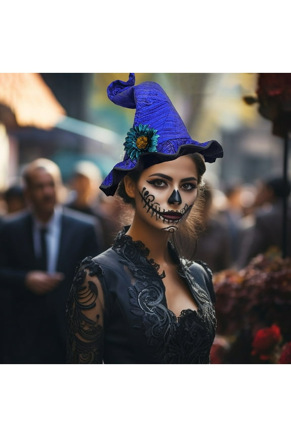 Women's Elegant Witch Hat 16 Inch, Ruched Velvet Wizard Hat with Floral Accents for Halloween Cosplay Events