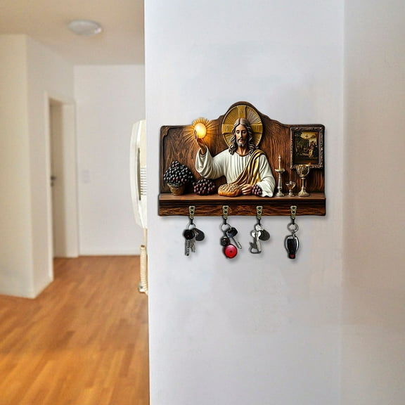 LmnLft Wooden Multifunctional Home Key Holder - Flat Jesus Communion Wall Art Keychain Holder Wall Key Holders for Home, Key Holder Wall Mount for Housewarming Gifts, Friends, Family