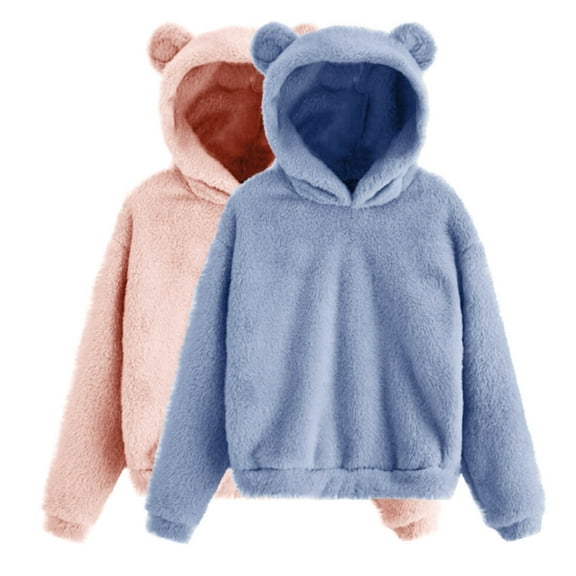 Lmnyox 2 Pack Fuzzy Hoodies for Women Plus Size Ear Hooded Fleece Sweatshirt Long Sleeve Cute Pullover with Pocket
