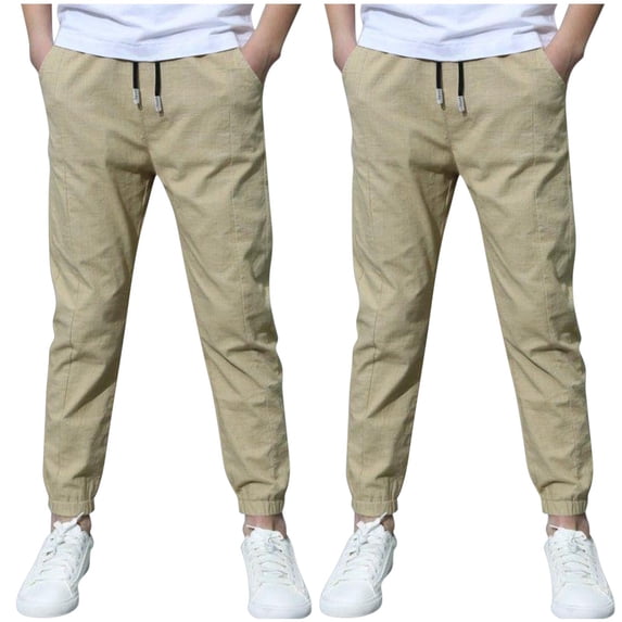 Lmnyox 2 Pack Joggers for Kids Cotton Linen Elastic Waist Drawstring Athletic Pants Lightweight Casual Sport Pants