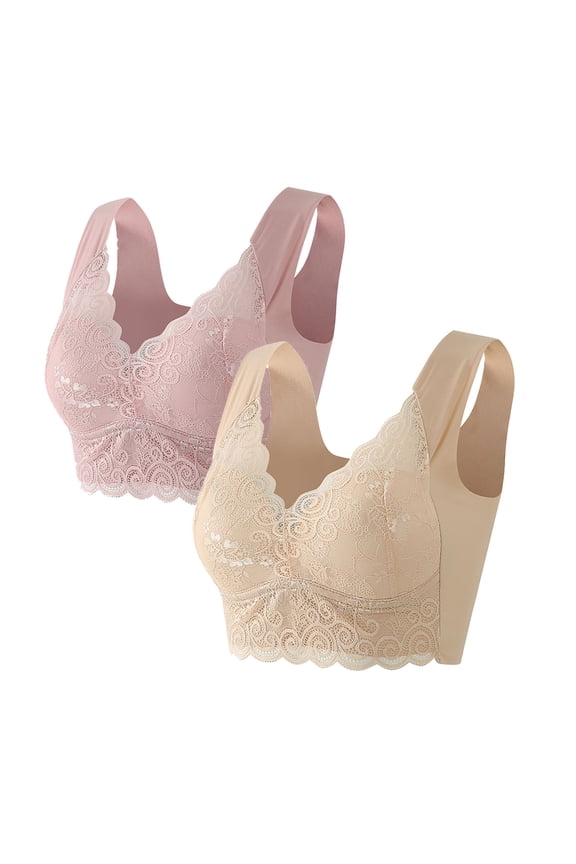 2 Pack Lace Bras for Women Fashion Wireless Push Up Bra Breathable Full Coverage Bralettes Plus Size
