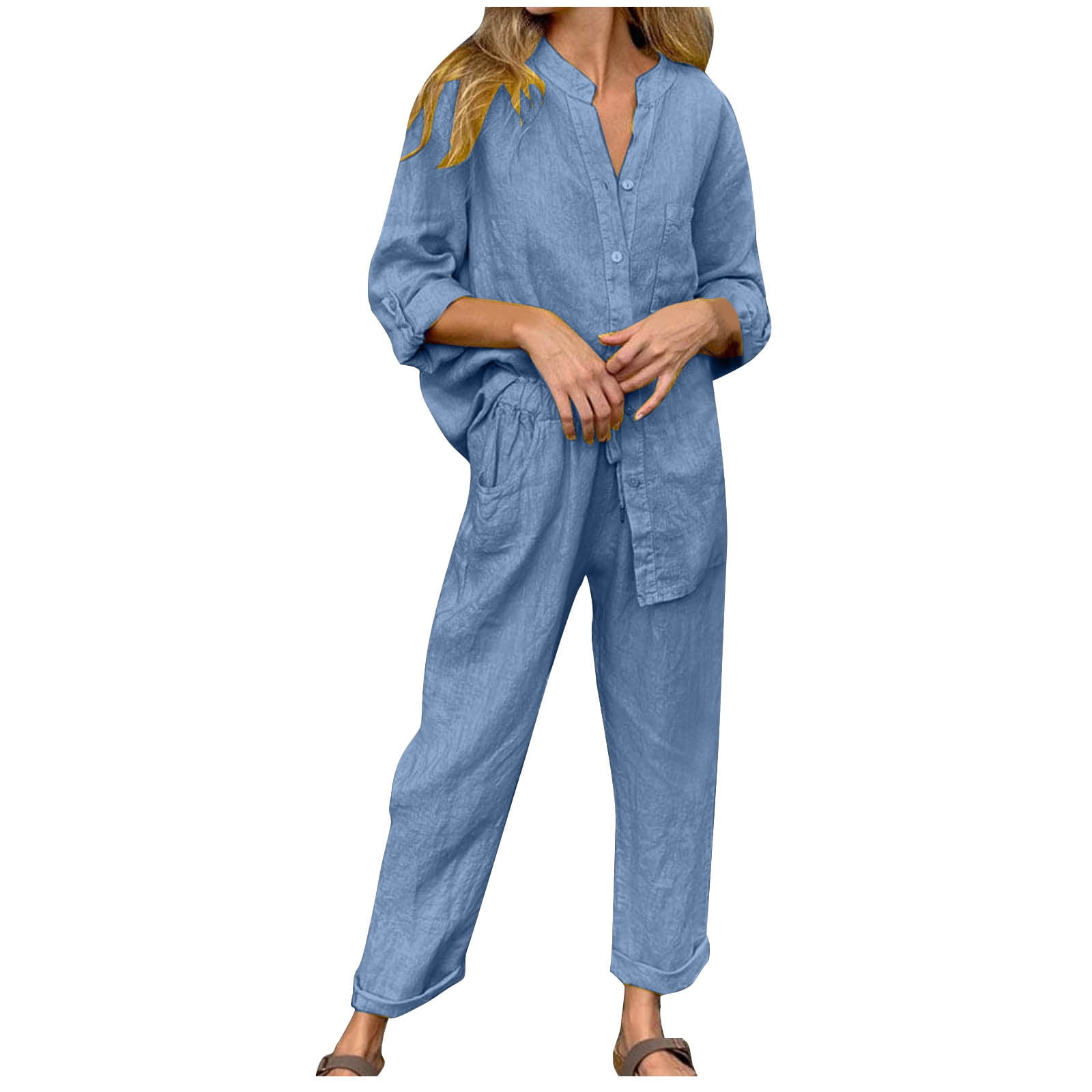 Women's Minimalist Linen Blend Strapless Long-sleeved Blouse And Wide-leg Pants Set main image 1