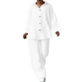 thumbnail image 1 of Lmnyox 2 Piece Cotton Linen Set for Women Long Sleeve Button Down Shirt and Wide Leg Pants Loungewear Outfits Plus Size, 1 of 7