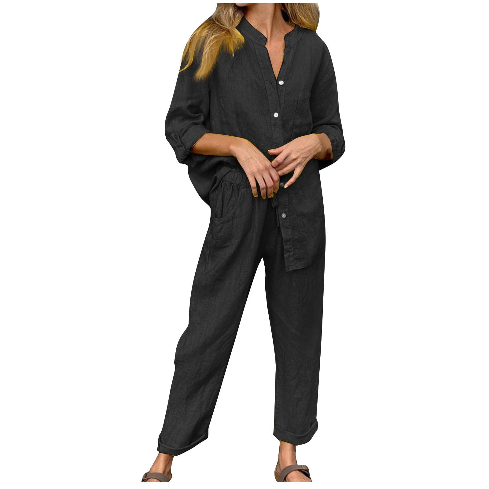 Lmnyox 2 Piece Cotton Linen Set for Women Long Sleeve Button Down Shirt ...