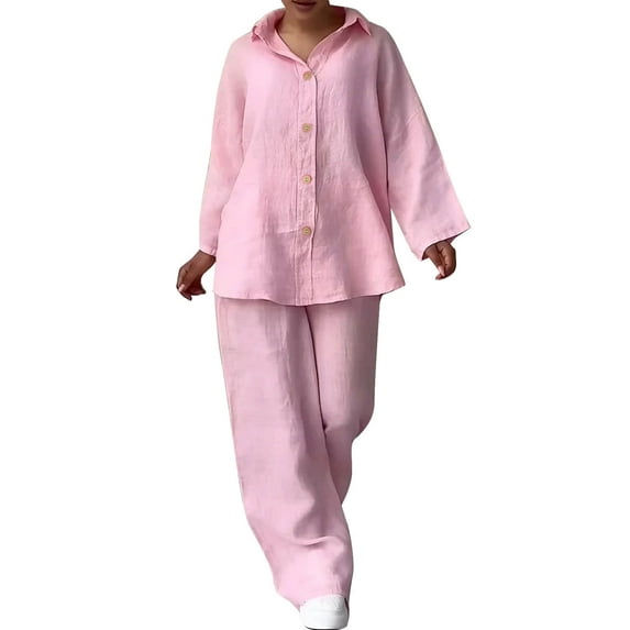 Lmnyox 2 Piece Cotton Linen Set for Women Long Sleeve Button Down Shirt and Wide Leg Pants Loungewear Outfits Plus Size