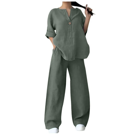 Lmnyox 2 Piece Cotton Linen Set for Women Long Sleeve Button Down Shirt and Wide Leg Pants Loungewear Outfits Plus Size