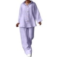thumbnail image 1 of Lmnyox 2 Piece Cotton Linen Set for Women Long Sleeve Button Down Shirt and Wide Leg Pants Loungewear Outfits Plus Size, 1 of 7
