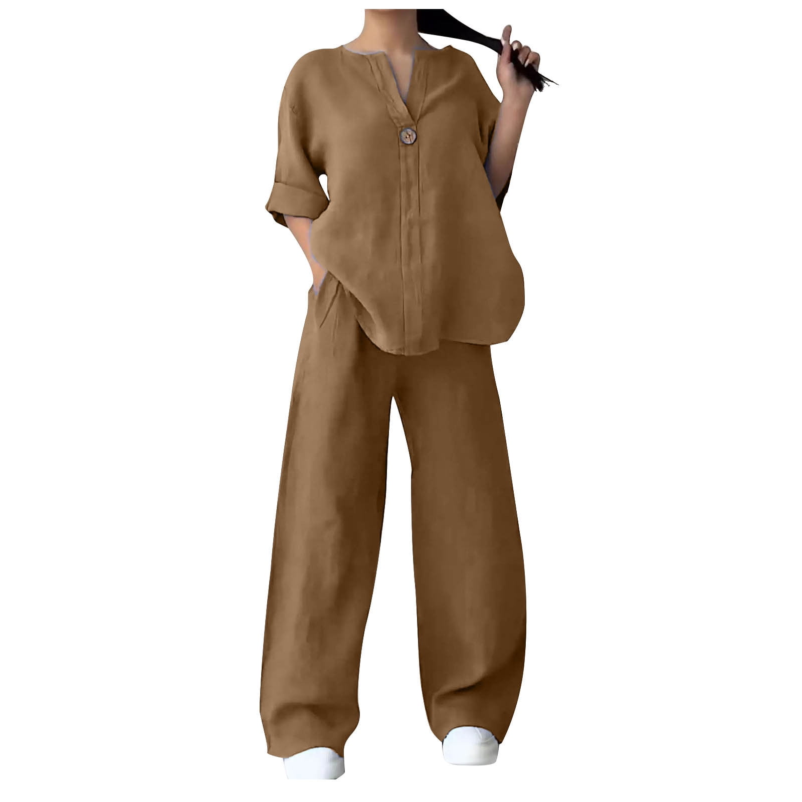 Lmnyox 2 Piece Cotton Linen Set for Women Long Sleeve Button Down Shirt ...