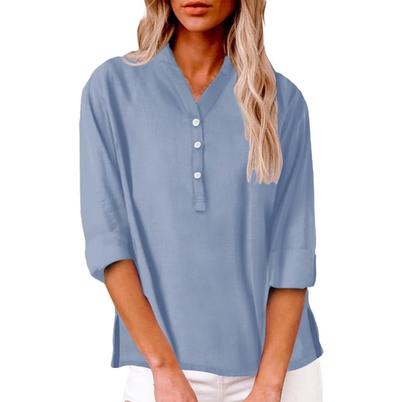 Lmnyox 3/4 Length Sleeve Shirts Women's Casual Button V Neck Blouses 2025 Fashion Summer Beach Tops Clothes