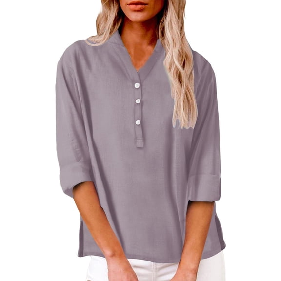 Lmnyox 3/4 Length Sleeve Shirts Women's Casual Button V Neck Blouses 2025 Fashion Summer Beach Tops Clothes