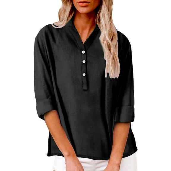 Lmnyox 3/4 Length Sleeve Shirts Women's Casual Button V Neck Blouses 2025 Fashion Summer Beach Tops Clothes