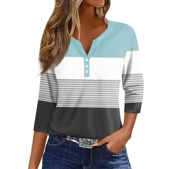 Lmnyox 3/4 Sleeve Shirts for Women Color Block Button V Neck Casual Blouses Dressy Fashion Tops Clothes