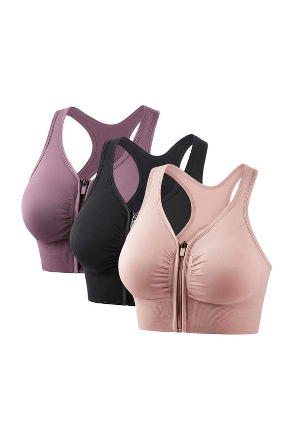 3 Pack Sport Bra for Women Zip Front Medium Support Workout Bra Racerback Wireless Quick Dry Athletic Bra