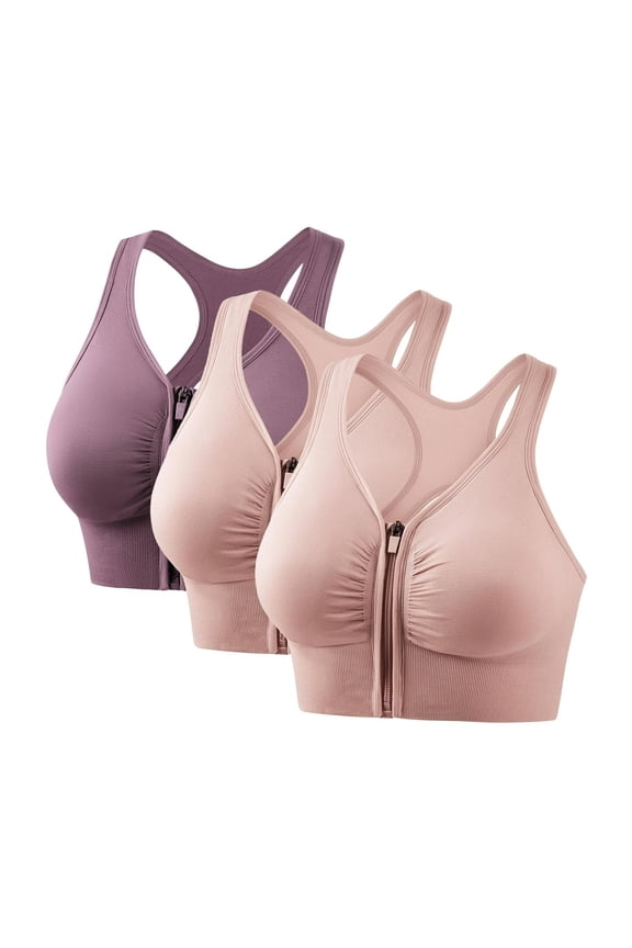 3 Pack Sport Bra for Women Zip Front Medium Support Workout Bra Racerback Wireless Quick Dry Athletic Bra