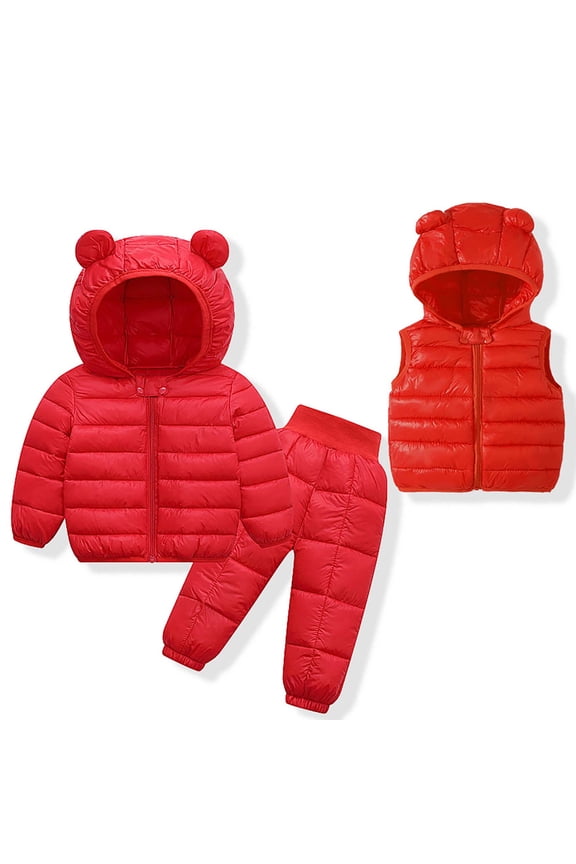 3 Piece Set for Toddlers Puffer Hooded Snowsuit Coat Down Vest and Down Pants Set Winter Lightweight Outerwear