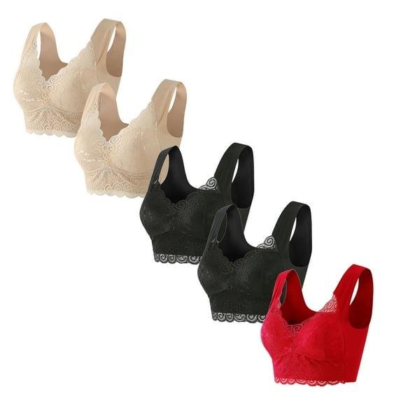Lmnyox 5 Pack Plus Size Bras for Women Fashion Wireless Lace Bralettes Full Coverage Push Up Everyday Bras
