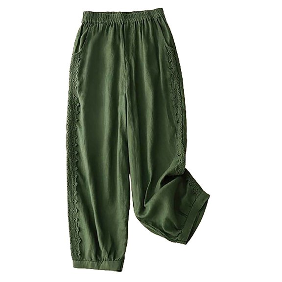 Lmnyox Baggy Cotton Linen Pants for Women Elastic High Waist Lounge Pants with Pocket Fall Casual Trousers