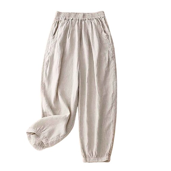 Lmnyox Baggy Cotton Linen Pants for Women Elastic High Waist Lounge Pants with Pocket Fall Casual Trousers
