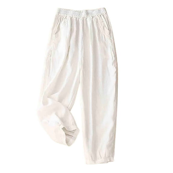 Lmnyox Baggy Cotton Linen Pants for Women Elastic High Waist Lounge Pants with Pocket Fall Casual Trousers